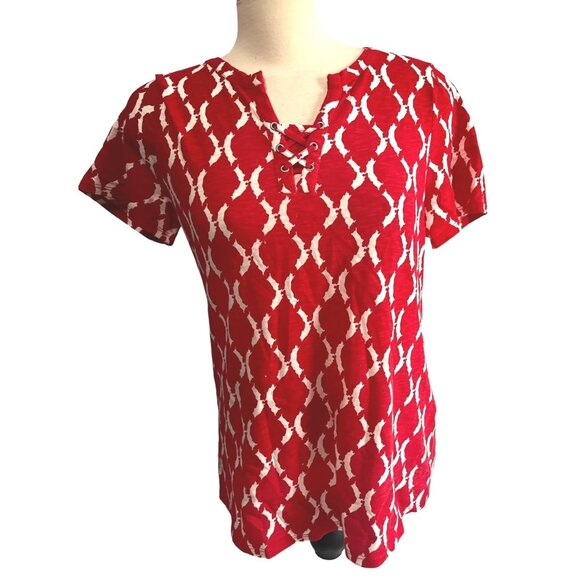 Chico's Red & White Geometric Blouse Lace Neck Sz 1 (Medium 8/10) Womens Short S - Picture 1 of 9